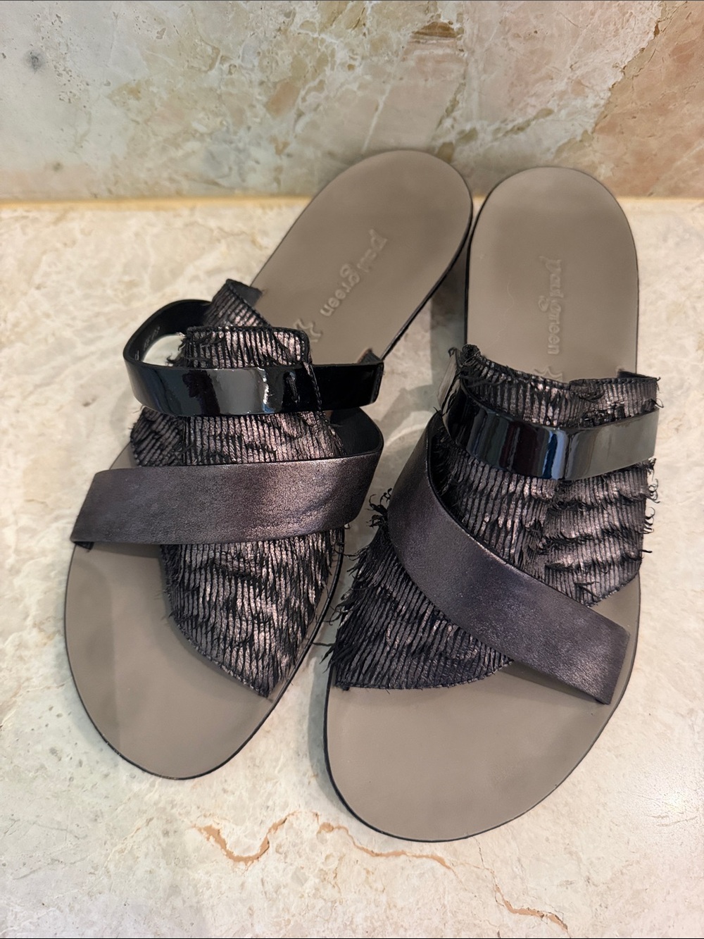 Paul Green Black Mixed-Texture Slide Sandals